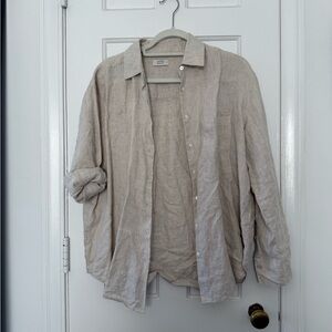 AYR Beige Linen Casual Button Down Shirt with Rolled Sleeves
